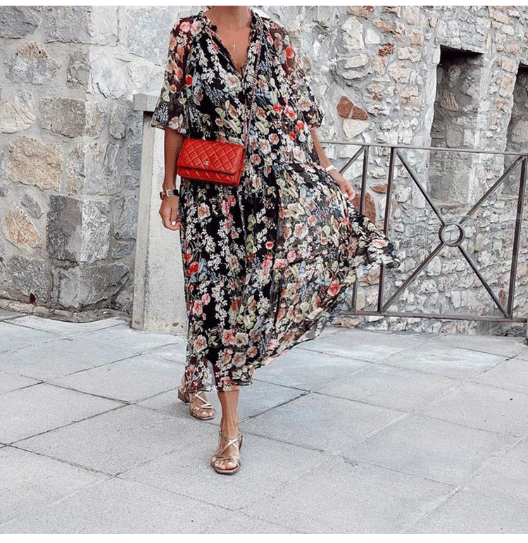 Casual V Neck Short Sleeve Floral Maxi Dress