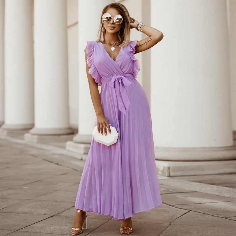 Ruffle Sleeveless V Neck Wrap Front Maxi Dress