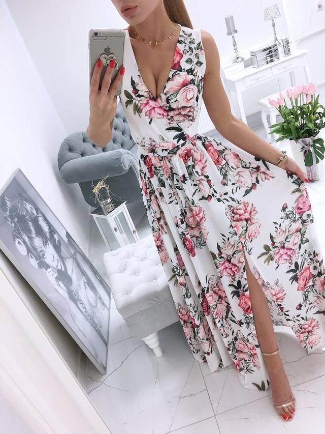 Sleeveless V Neck Side Split Tank Maxi Dress