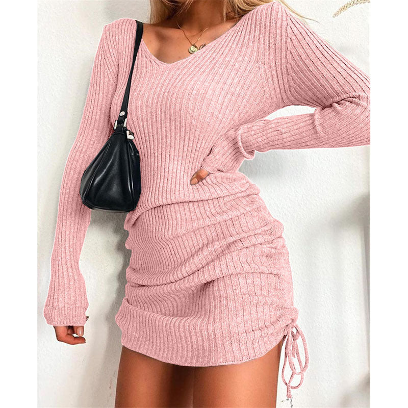 Long Sleeve V Neck Knit Mini Dress