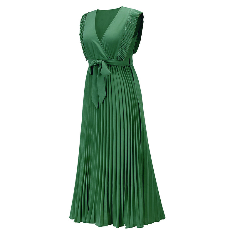 Ruffle Sleeveless V Neck Wrap Front Maxi Dress