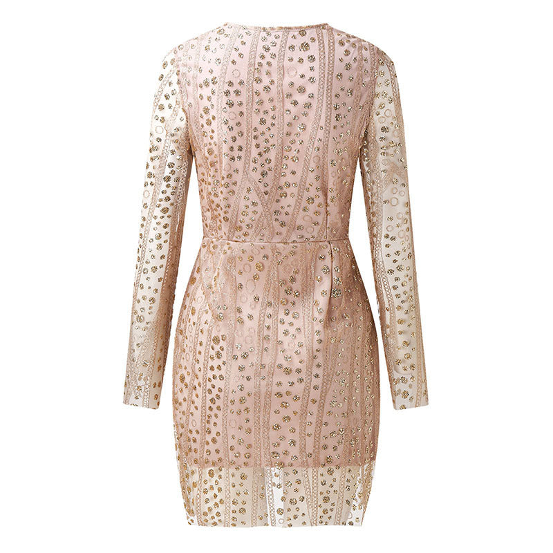 Long Sleeve Sequins Mini Deep V Neck Dress