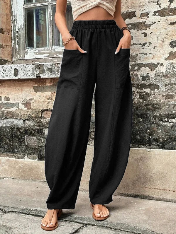 Casual High Waist Pocketed Loose Solid Pants