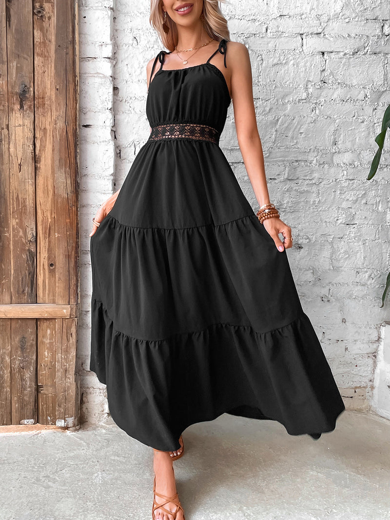 Sleeveless Strap Square Neck Solid Flared Maxi Dress