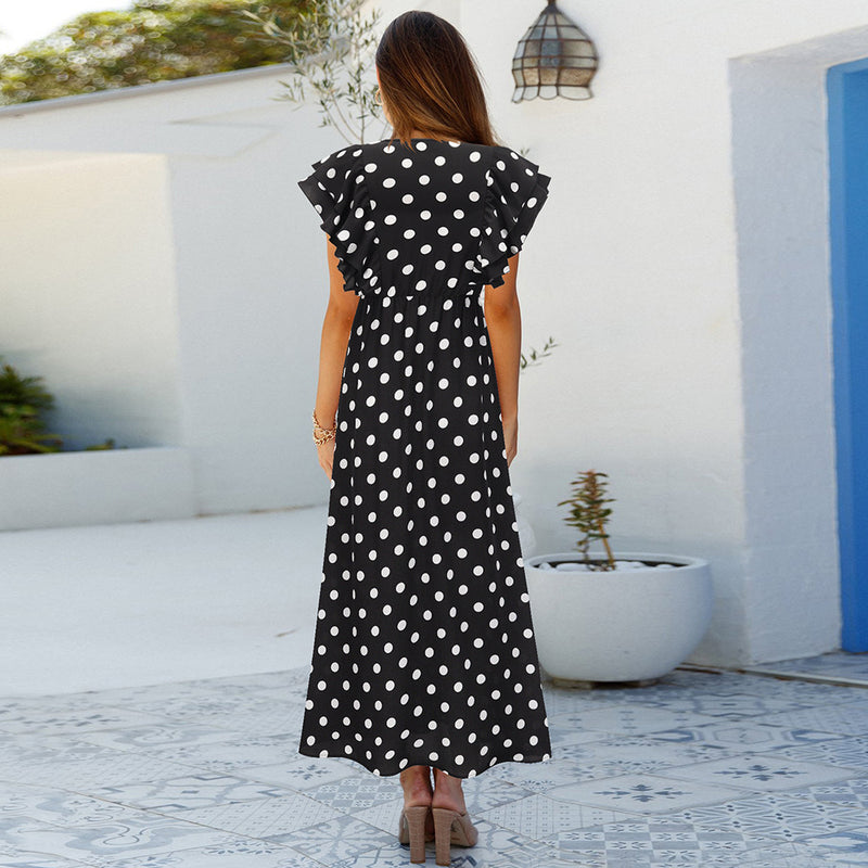 Polka Dot V Neck Cap Sleeve Maxi Dress