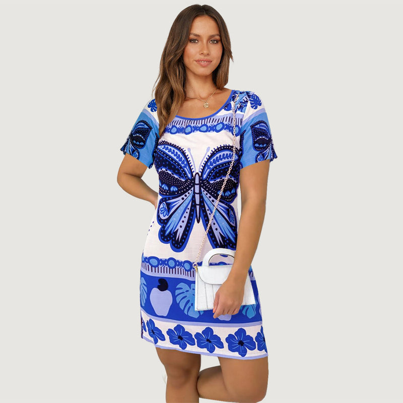 Butterfly Print Short Sleeve Round Neck Mini Dress