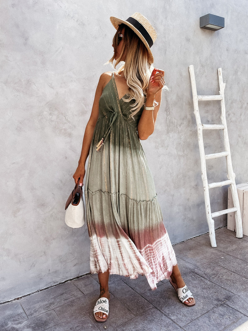 Spaghetti Strap Cross V Neck Maxi Dress