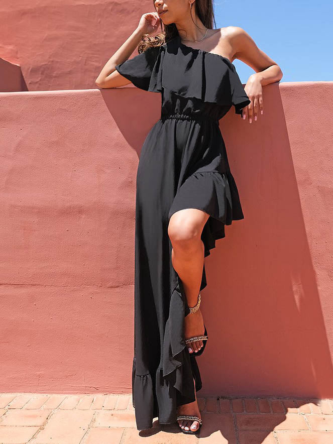 One Shoulder Hollow Slit Long Solid Color Maxi Dress