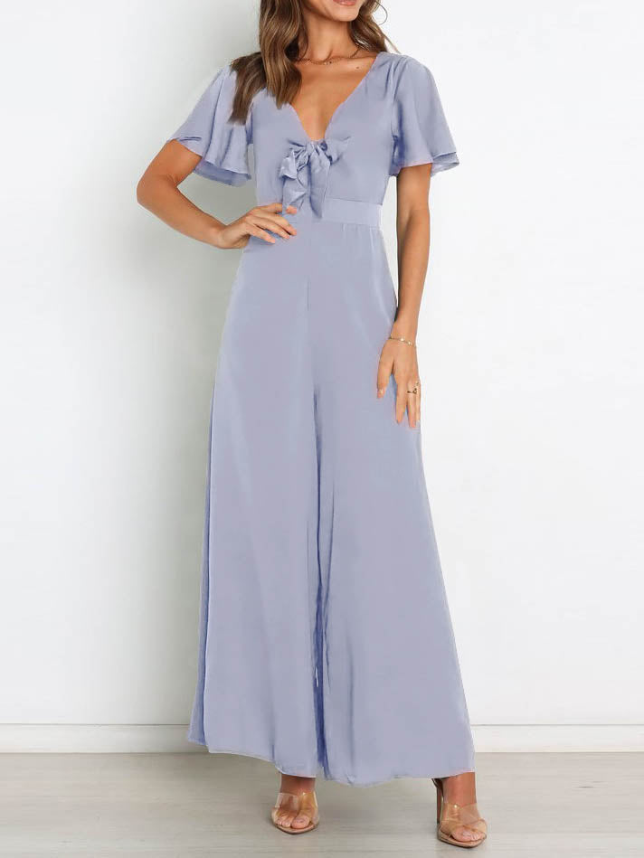 Short Sleeve Wide Leg Casual V Neck Jumpsuit