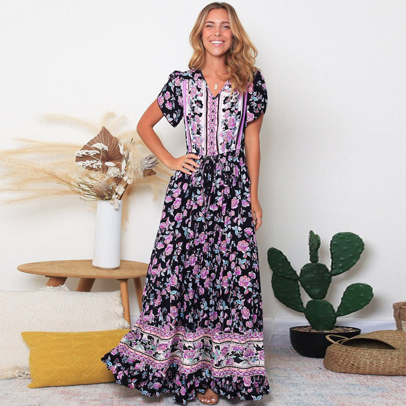 Short Sleeve Floral V Neck Maxi Dress