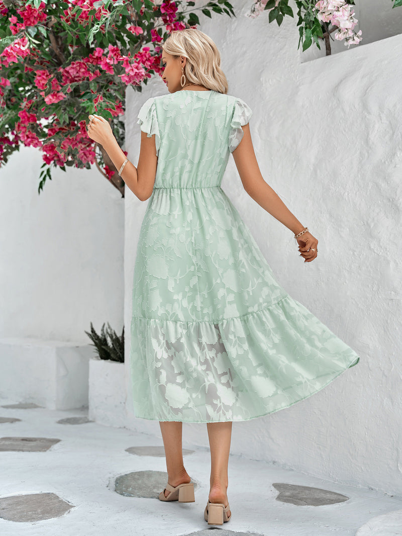 Elegant V-Neck Short Sleeves Lace Solid Maxi Dress