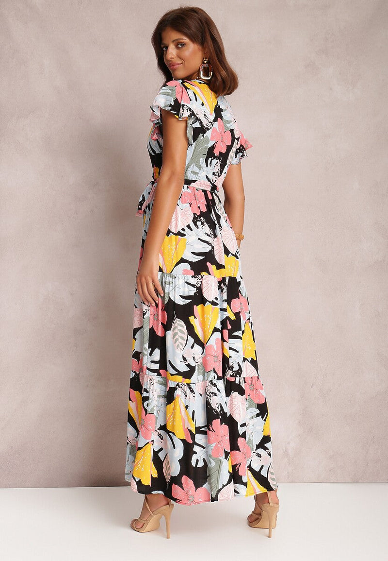 Floral Long Sleeve Cap Sleeve V Neck Maxi Dress