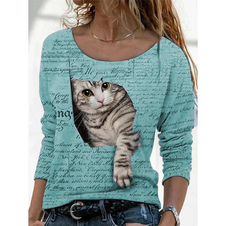 Long Sleeve Round Neck Cat Print Top