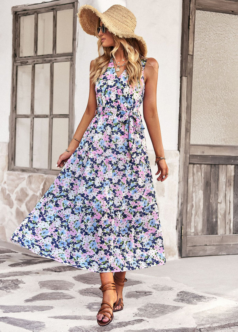 Sleeveless V-Neck Floral Print Loose Flared Midi Dress