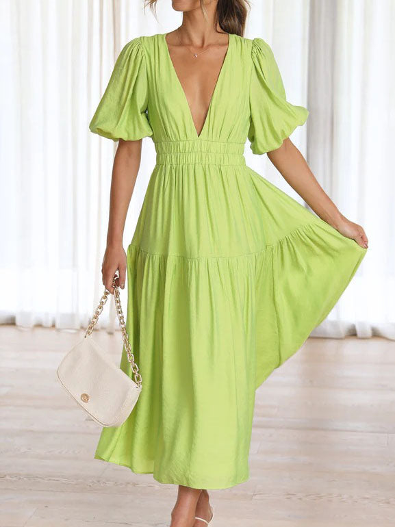 Deep V-Neck Short Sleeve Solid Color Maxi Dress