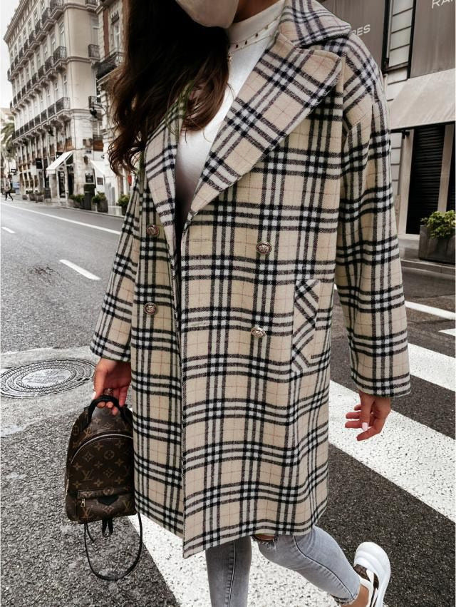 Lapel Bend Down Plaid Outerwear Jacket