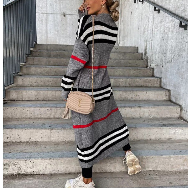 Long Sleeve Open Front Stripped Print Long Cardigan