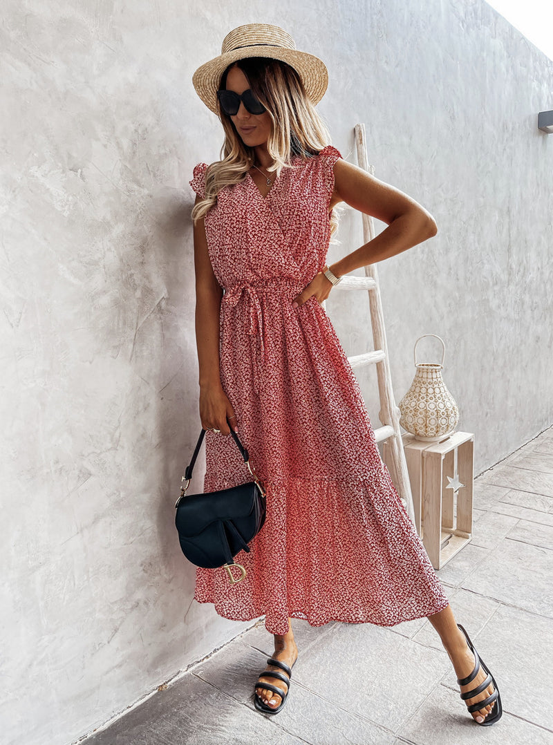 Cross V Neck Cap Sleeve Polka Dot Maxi Dress