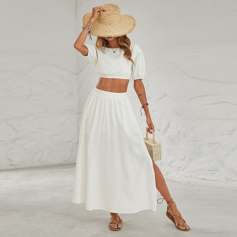 Short Sleeve O-Neck Solid Color Belted Flared Maxi Dress