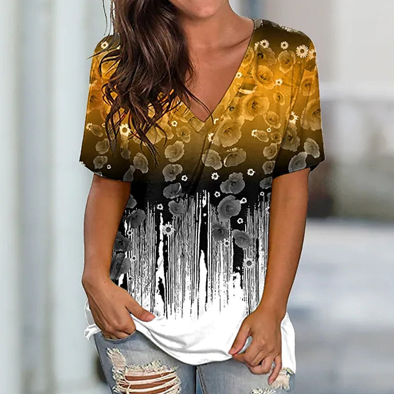 Short Sleeve V-Neck Printed Loose Blouse Top