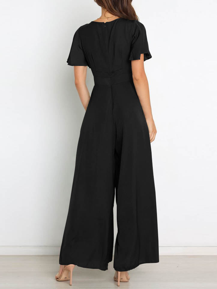 Short Sleeve Wide Leg Casual V Neck Jumpsuit