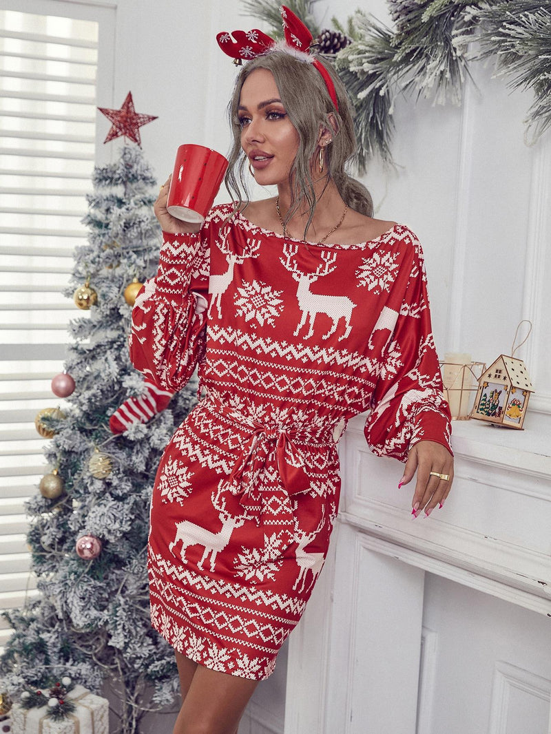 Long Sleeve Round Neck Printed Mini Christmas Dress