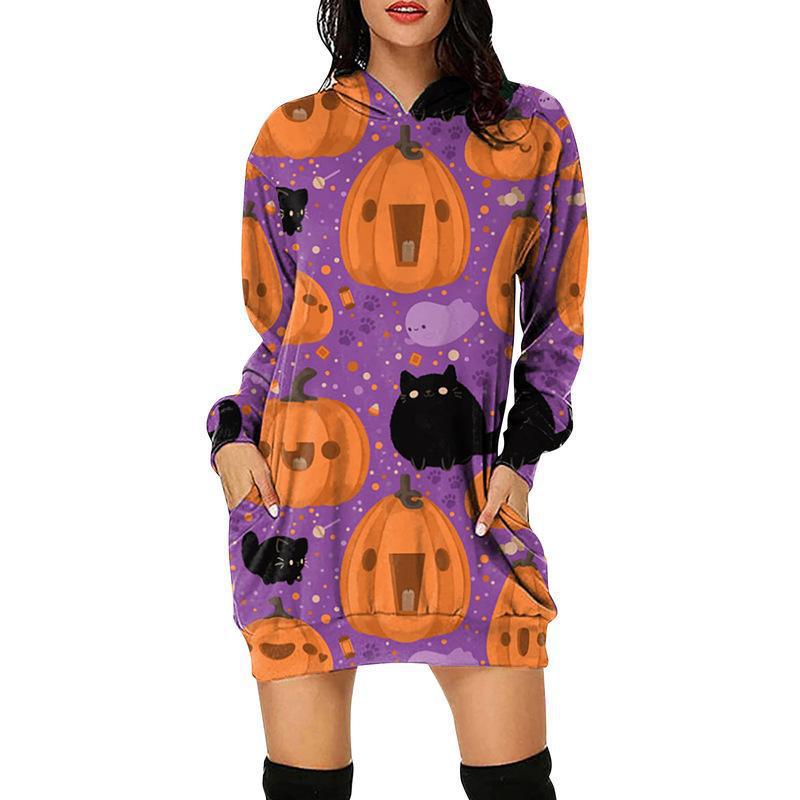 Casual Long Sleeve Graphic Print Hoodie Sweatshirt Mini Dress