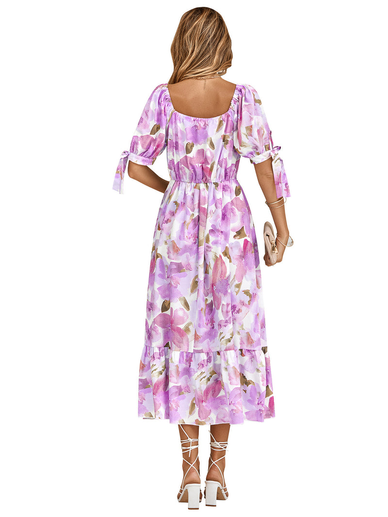 Elegant Short Sleeve V-Neck Printed Maxi Dress