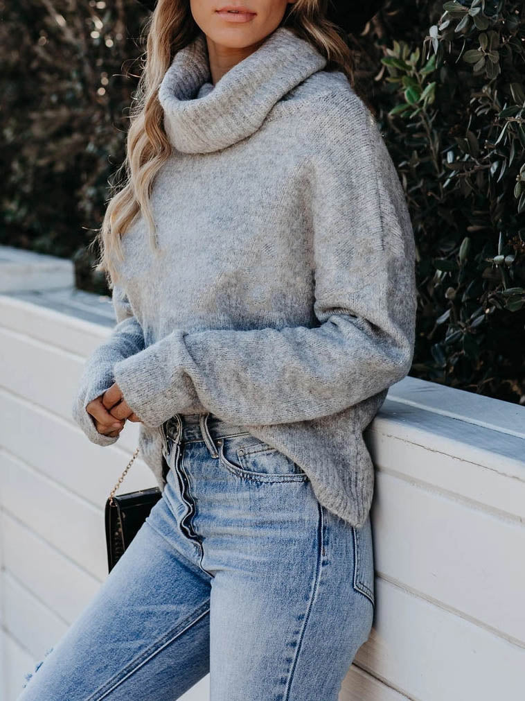 Turtle Neck Open Back Solid Color Knitted Sweater