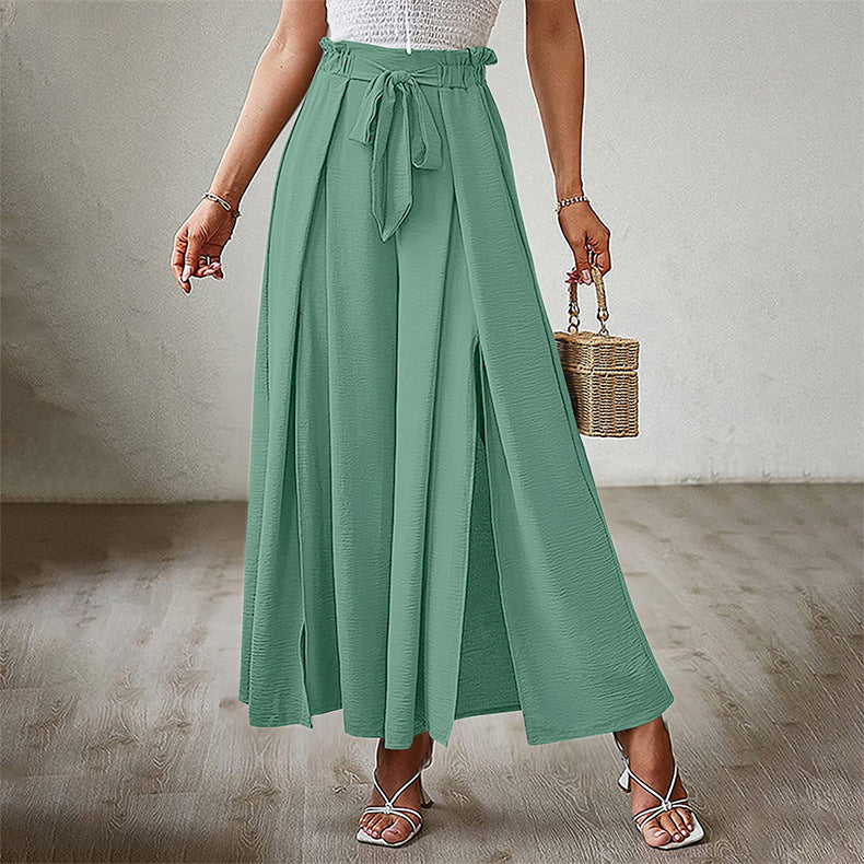 Casual Solid Waist Tie Long Wide Leg Pants