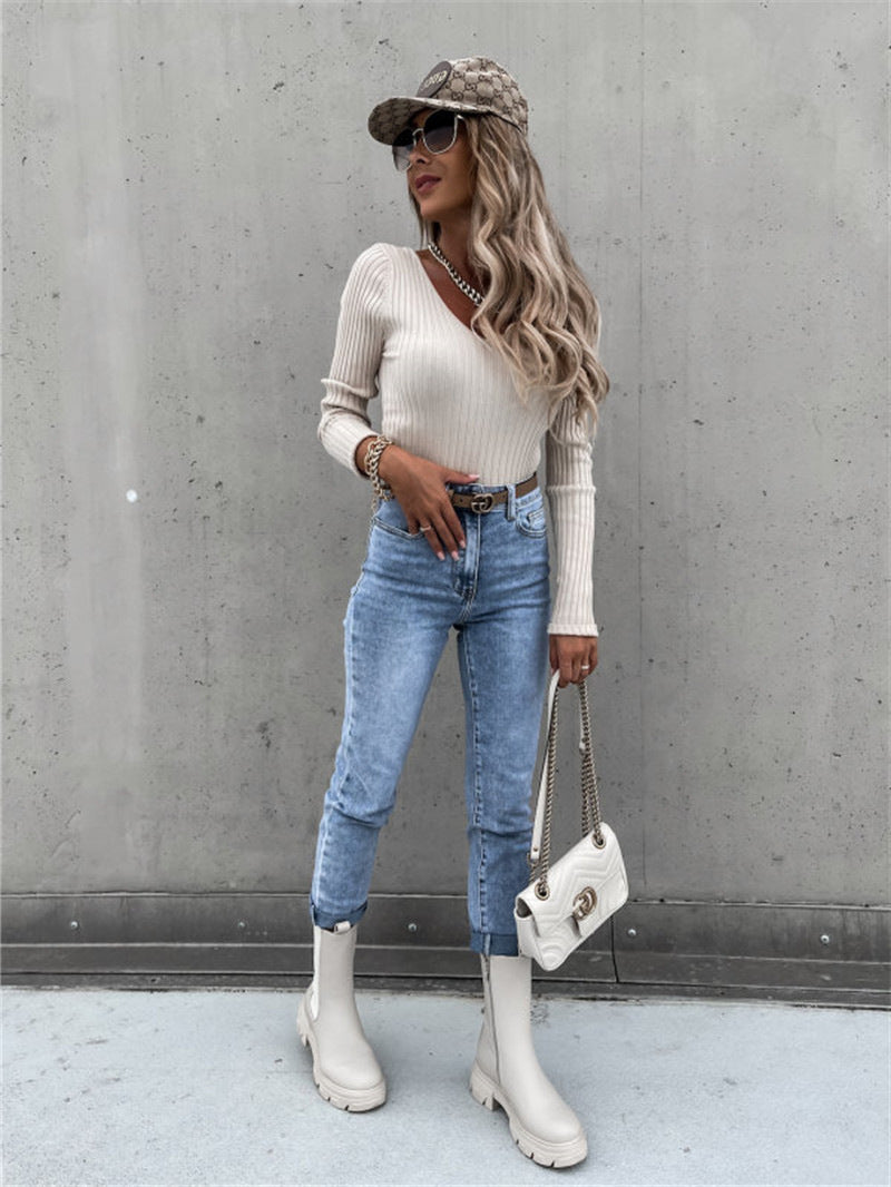 Solid Color V Neck Long Sleeve Top