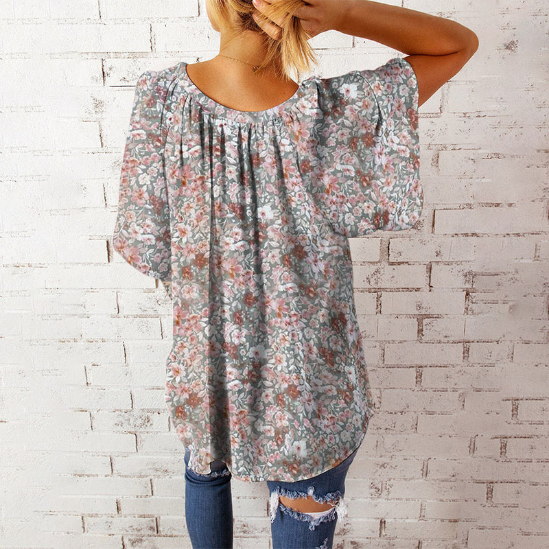 Casual Floral Print V-Neck Short Sleeve Oversize Top Blouse