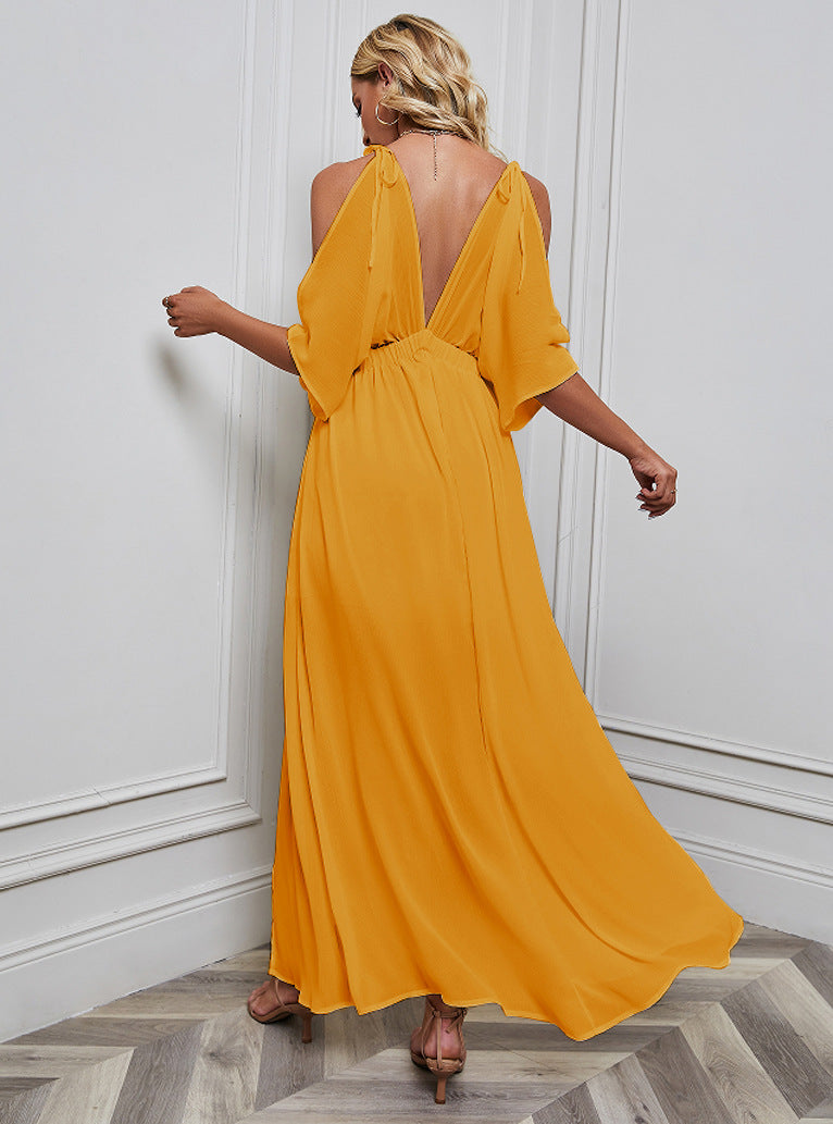 Fashion V-Neck Batwing Sleeve Side Slit Solid Maxi Dress