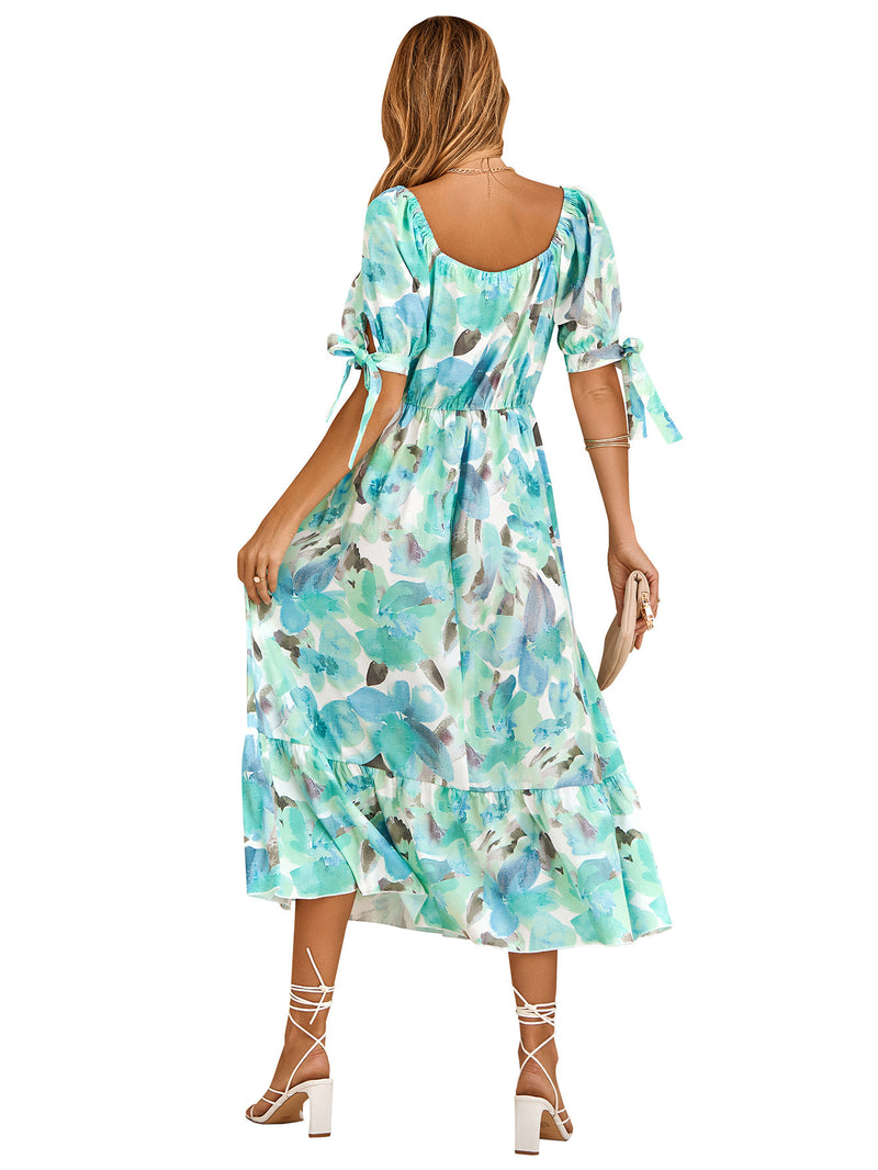 Elegant Short Sleeve V-Neck Printed Maxi Dress