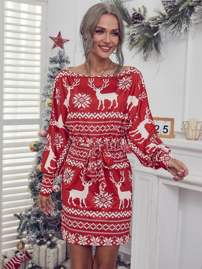 Long Sleeve Round Neck Printed Mini Christmas Dress