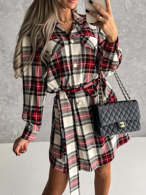 Long Sleeve Button Down Wrap Waist Plaid Mini Dress