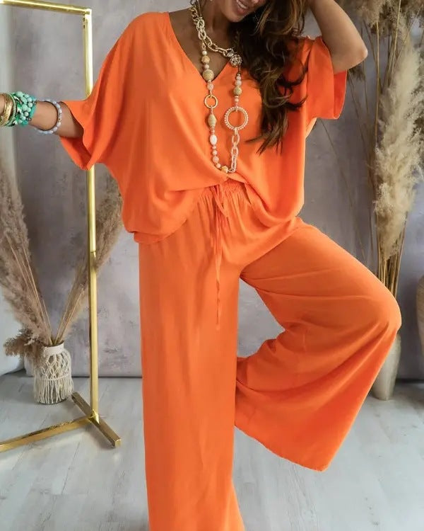 Oversize Short Sleeve Top and Long Wide Leg Pants Set