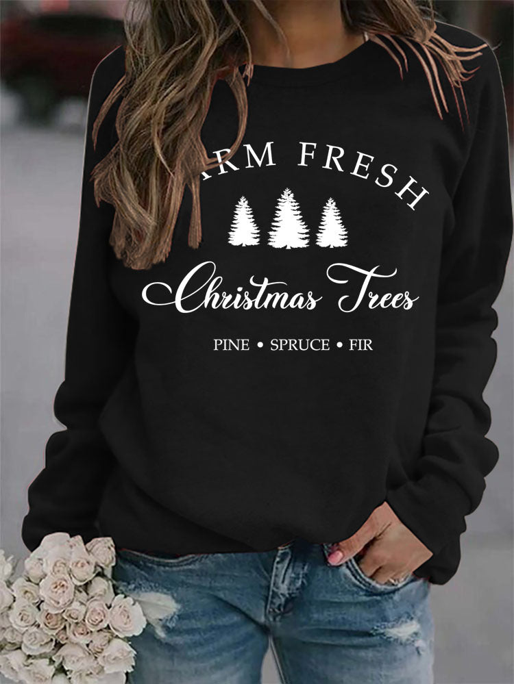 Crew Neck Solid Color Christmas Tree Printed Sweatshirt