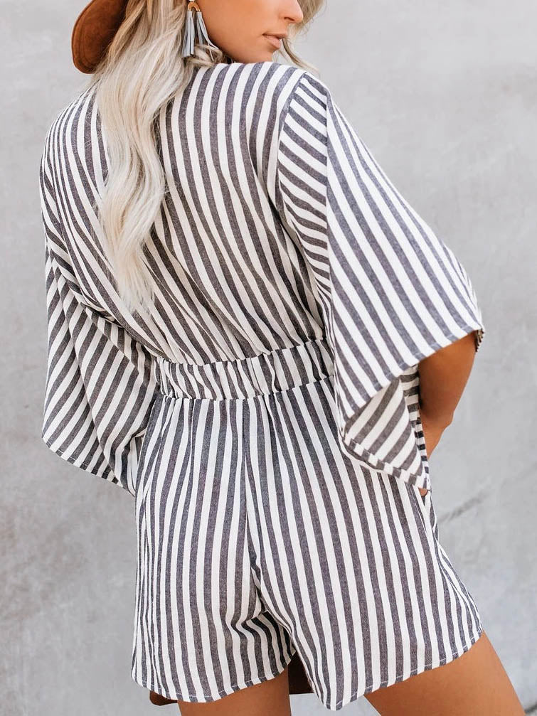 Casual Deep V Neck Front Tie Loose Mini Jumpsuit