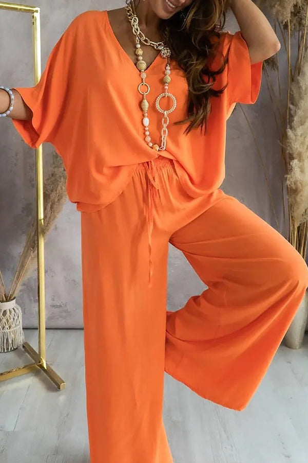 V Neck Bat Blouse Pants Set