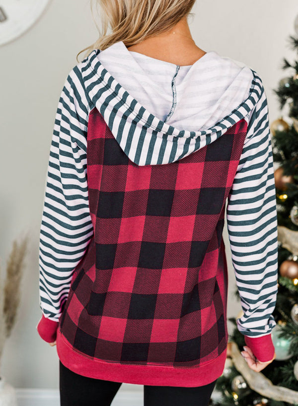 Drawstring Front Pocket Plaid Hoodie Sweatshirt