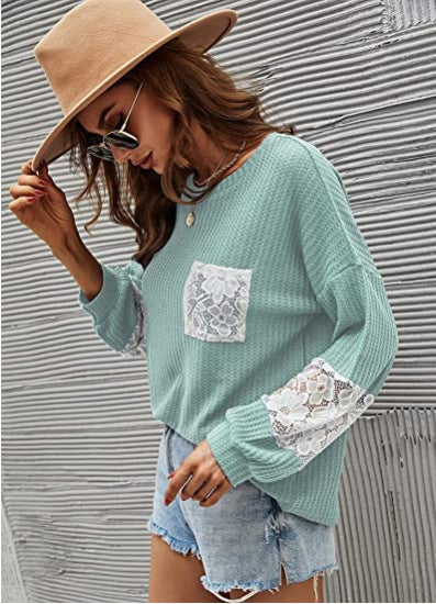 Casual Lace Pocket Round Neck Sweatshirt