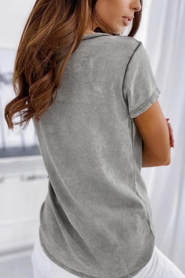 V Neck Button Pockets T Shirt