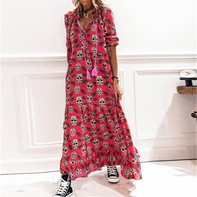 Long Sleeve V Neck Draw String Skull Print Long Maxi Dress