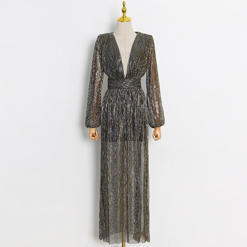 Backless Deep V Neck Long Sleeve Sequins Maxi Dress