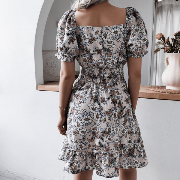 Floral Short Sleeve Elastic Waist Mini Dress