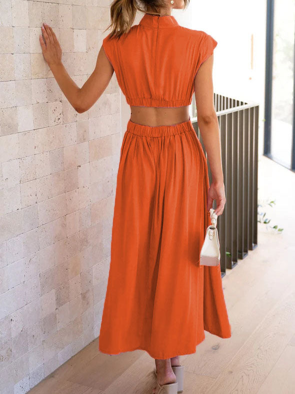 Elegant O-Neck Sleeveless Cut Out Solid Maxi Dress