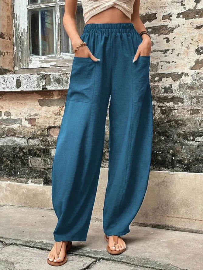 Casual High Waist Pocketed Loose Solid Pants