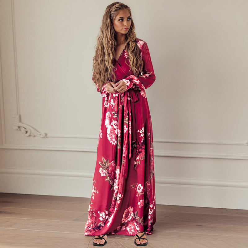 Casual V Neck Long Sleeve Loose Maxi Dress