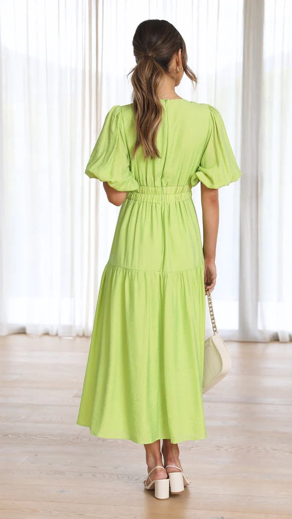 Deep V-Neck Short Sleeve Solid Color Maxi Dress